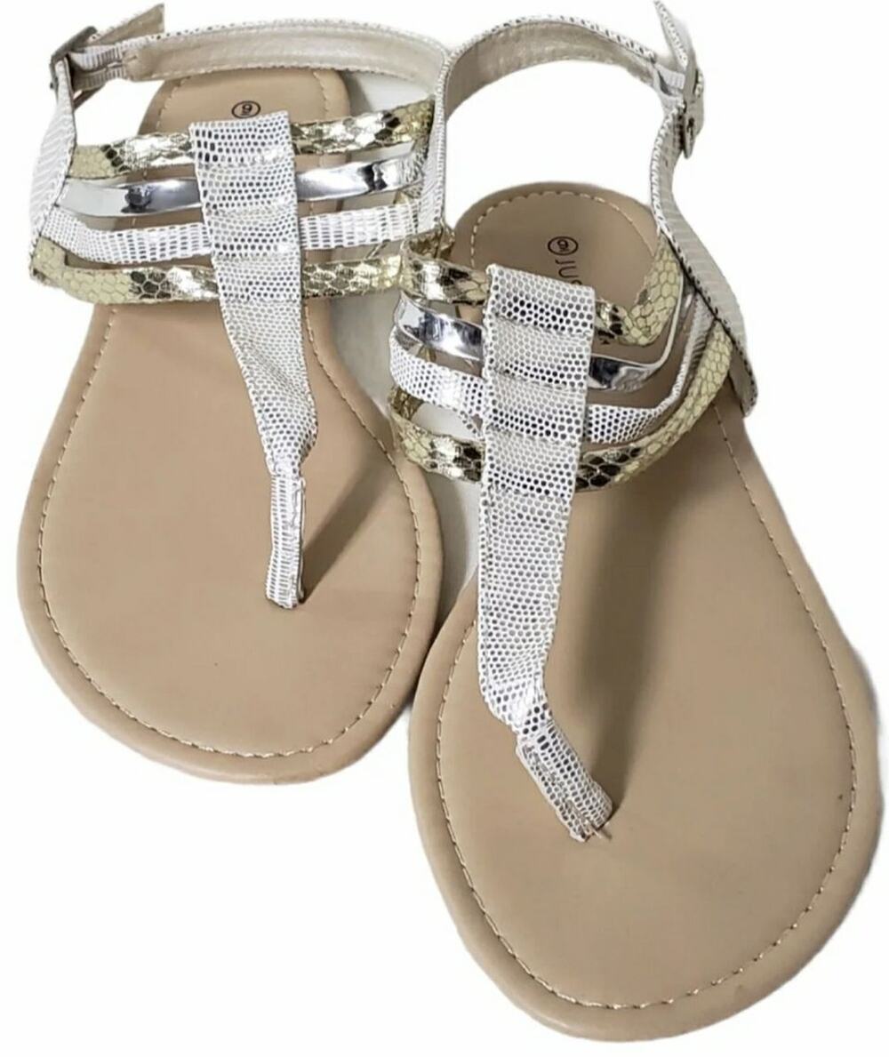 Just Be Adjustable Strap Gold Flip Flop Style Sandals w. Ankle Straps